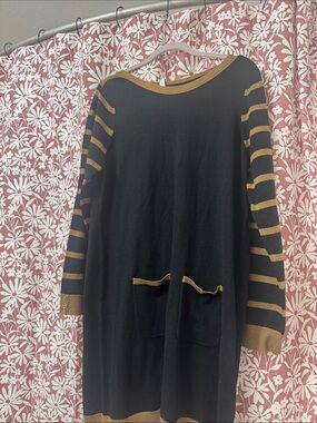 NY Collection Black and Brown Striped Long Sleeve Dress